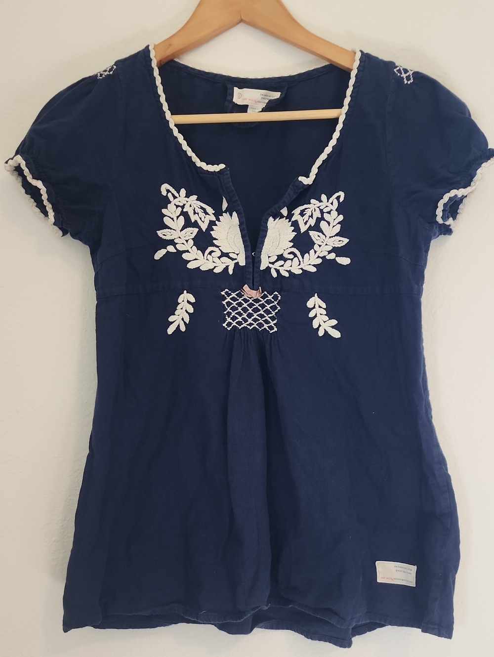 Odd Molly Navy Blue Embroidered Peasant Blouse with White Trim